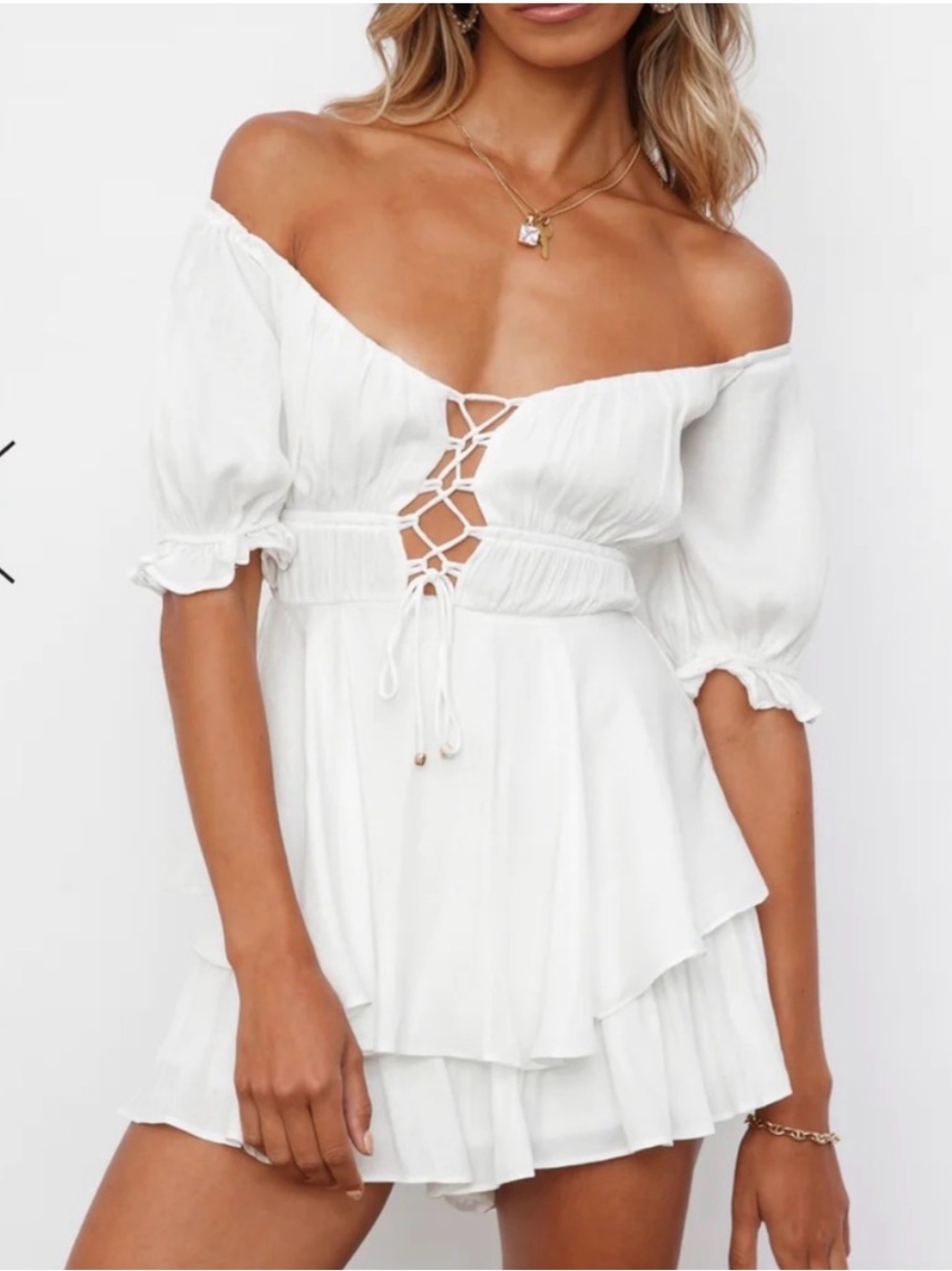 White Off-Shoulder Lace-Up Tiered Mini Dress